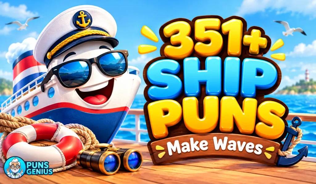 Funny ship puns thumbnail with a smiling cartoon cruise ship, ocean waves, and bold 3D lettering.