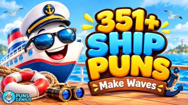 Funny ship puns thumbnail with a smiling cartoon cruise ship, ocean waves, and bold 3D lettering.