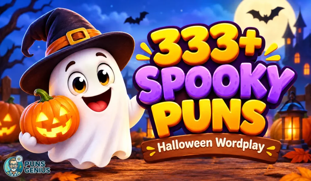 333+ spooky puns thumbnail with a cute Halloween ghost, glowing pumpkin, and colorful 3D lettering.