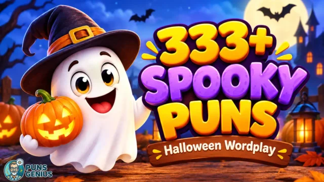 333+ spooky puns thumbnail with a cute Halloween ghost, glowing pumpkin, and colorful 3D lettering.