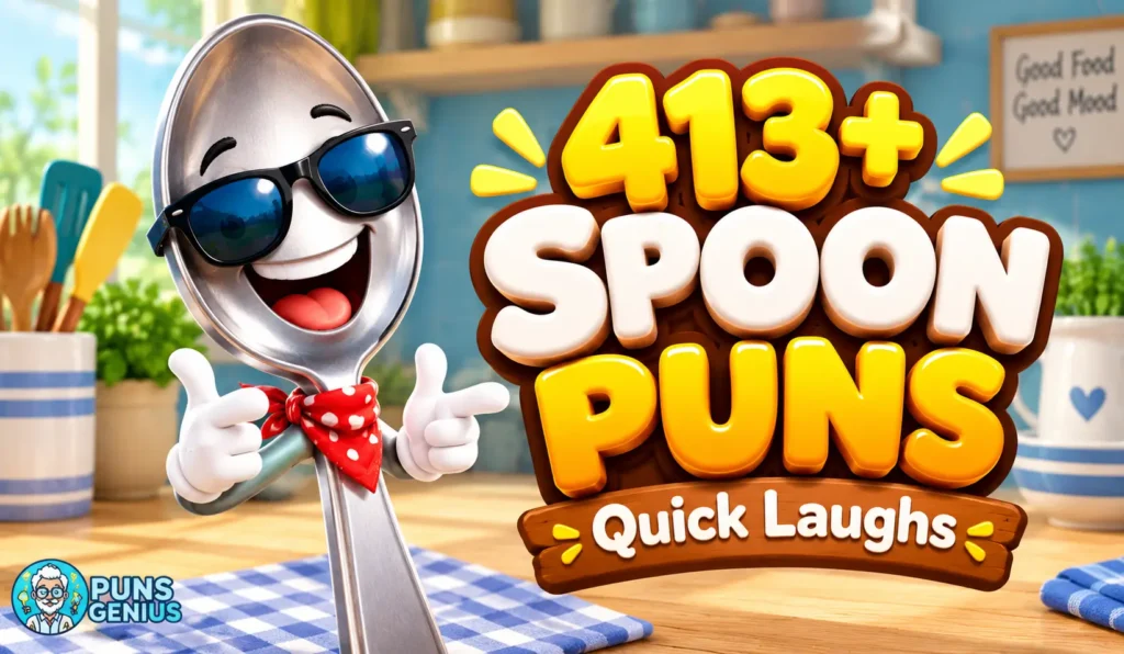 Spoon puns thumbnail featuring a smiling silver spoon mascot in sunglasses with bold 3D lettering.