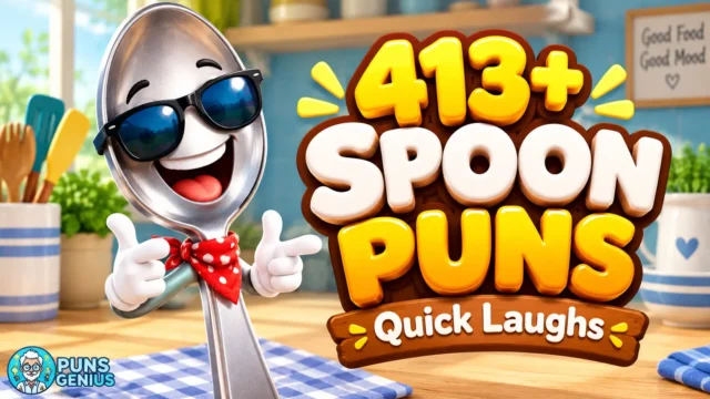 Spoon puns thumbnail featuring a smiling silver spoon mascot in sunglasses with bold 3D lettering.