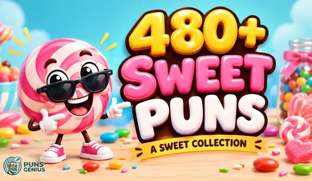 Sweet puns thumbnail featuring colorful 3D candy lettering and a cheerful pink swirl candy mascot.