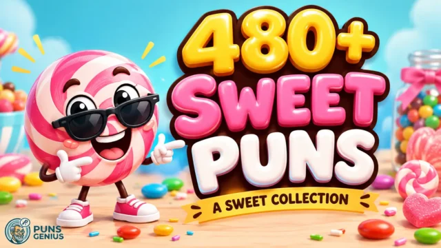 Sweet puns thumbnail featuring colorful 3D candy lettering and a cheerful pink swirl candy mascot.